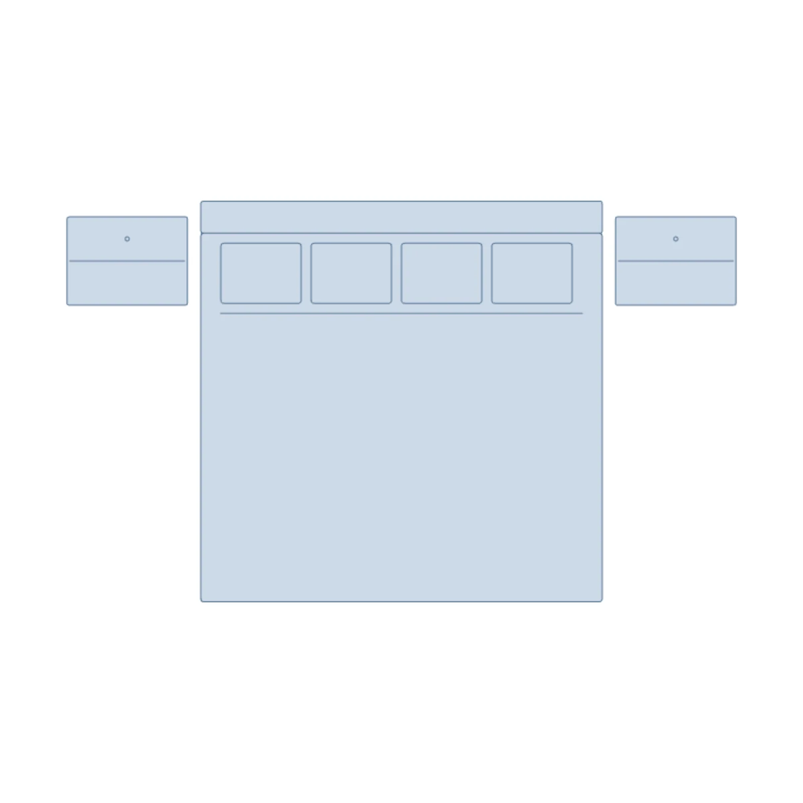 Queen Bed + Nightstands — 2D floor-plan symbol