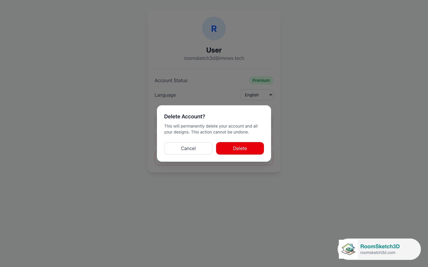 The Delete Account? confirmation dialog with Cancel and Delete buttons, Cancel highlighted — RoomSketch3D room planner app