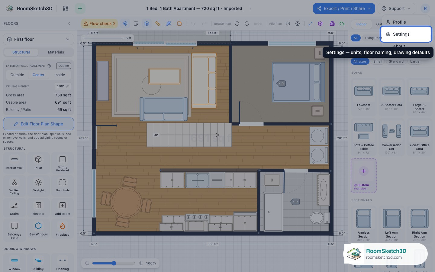 The avatar menu open again with the Settings item highlighted — RoomSketch3D floor planner