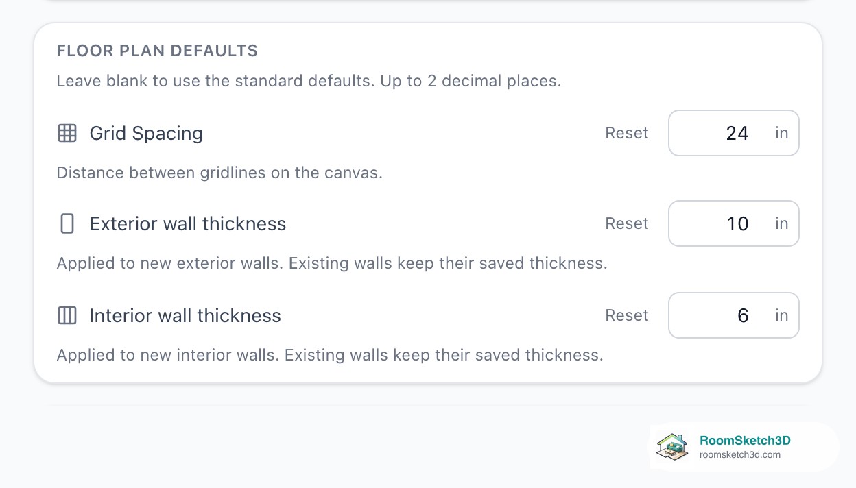 Drawing Defaults changed to a 24-inch grid, 10-inch exterior walls and 6-inch interior walls — RoomSketch3D 3D floorplan software