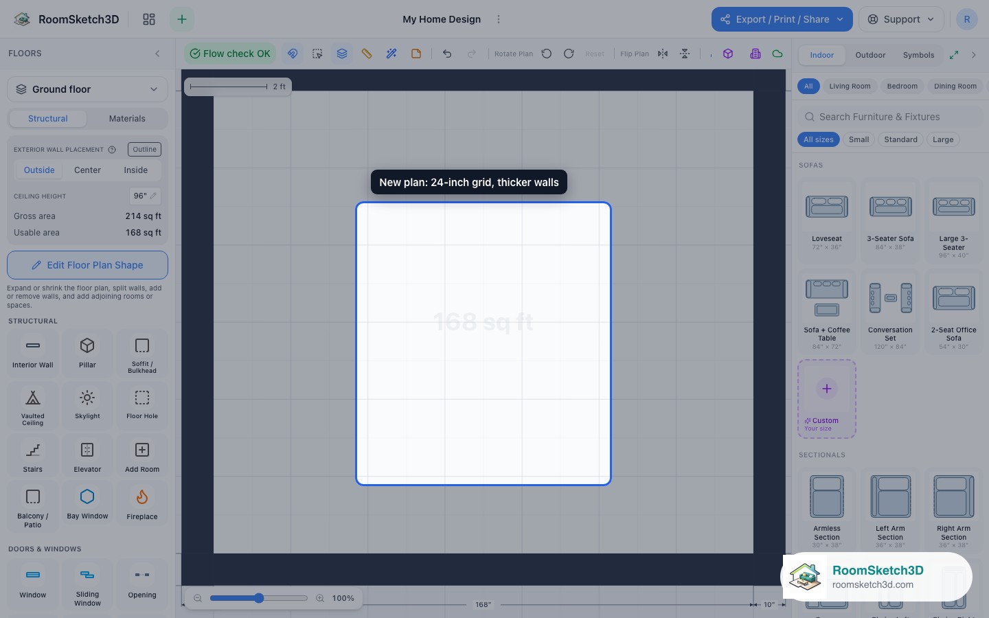 A new 12 by 14 foot plan created after the change: 24-inch grid and visibly thicker walls — RoomSketch3D room planner app