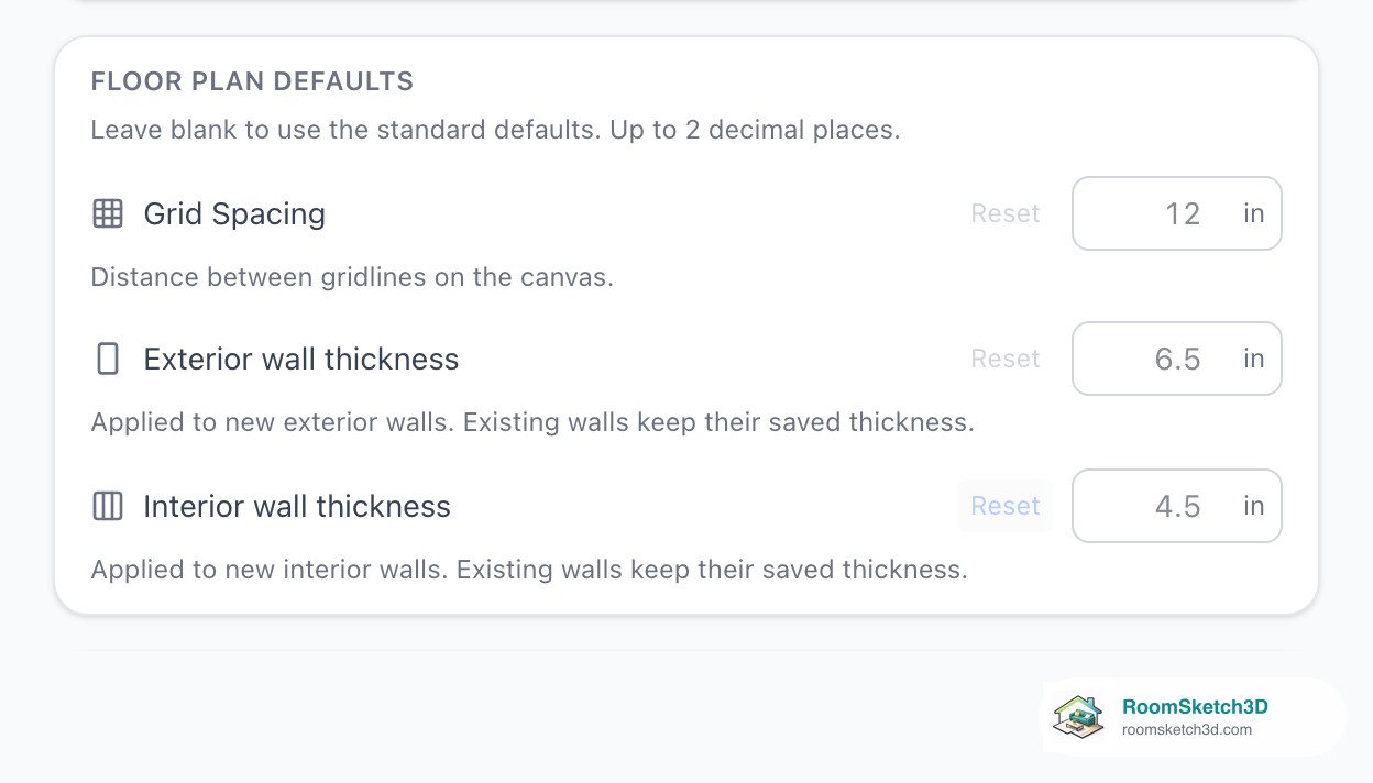 Drawing Defaults after pressing Reset next to each field — RoomSketch3D home design app