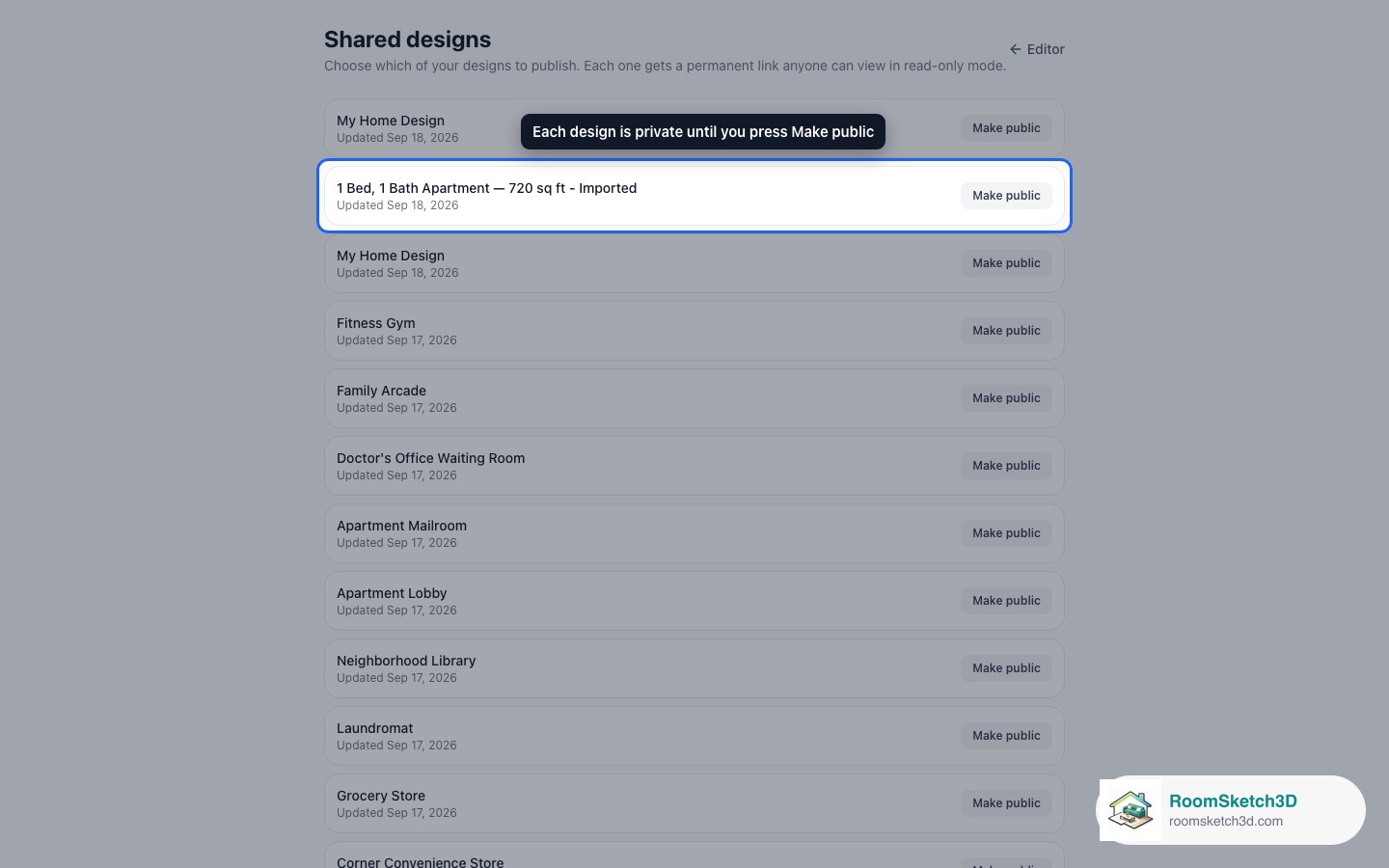The Shared designs page listing designs, each with a 'Make public' button — RoomSketch3D room planner app