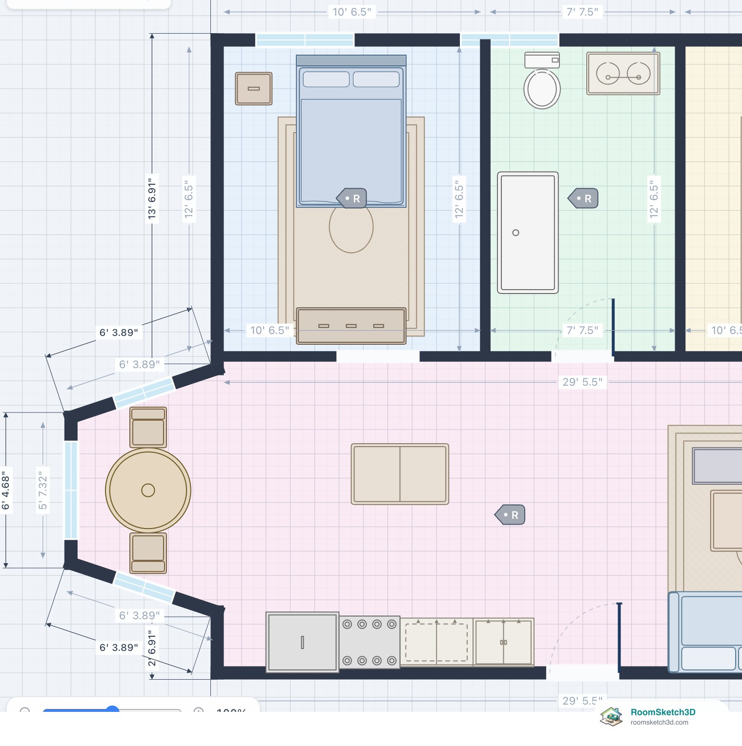A two-bedroom apartment floor plan in RoomSketch3D with a canted dining bay projecting from its left wall, holding a round table and two side chairs