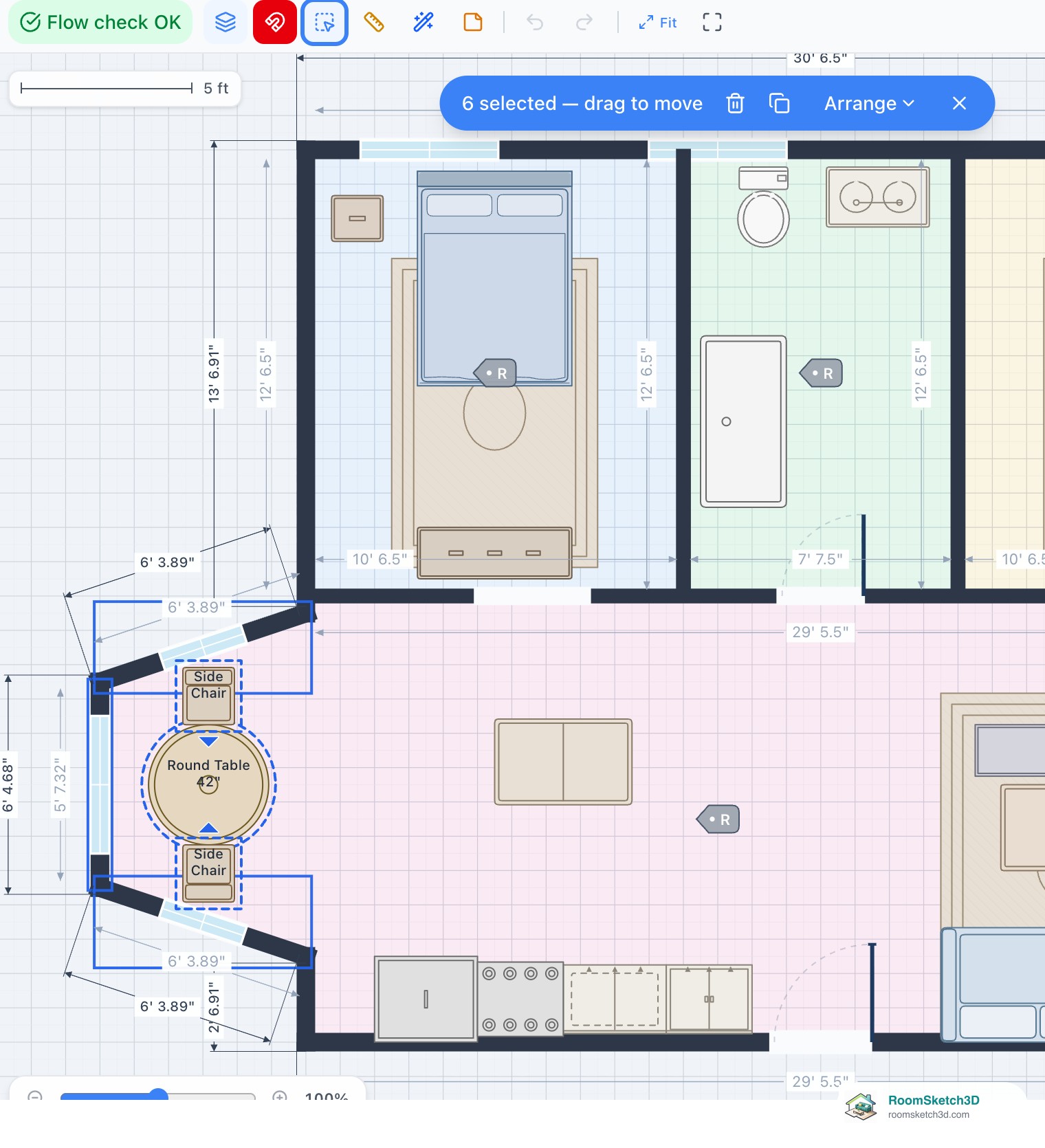 Select multiple turned on in the RoomSketch3D toolbar and a box drawn round the dining bay: its three outside walls and the table and chairs are highlighted, and the blue bar reads 6 selected