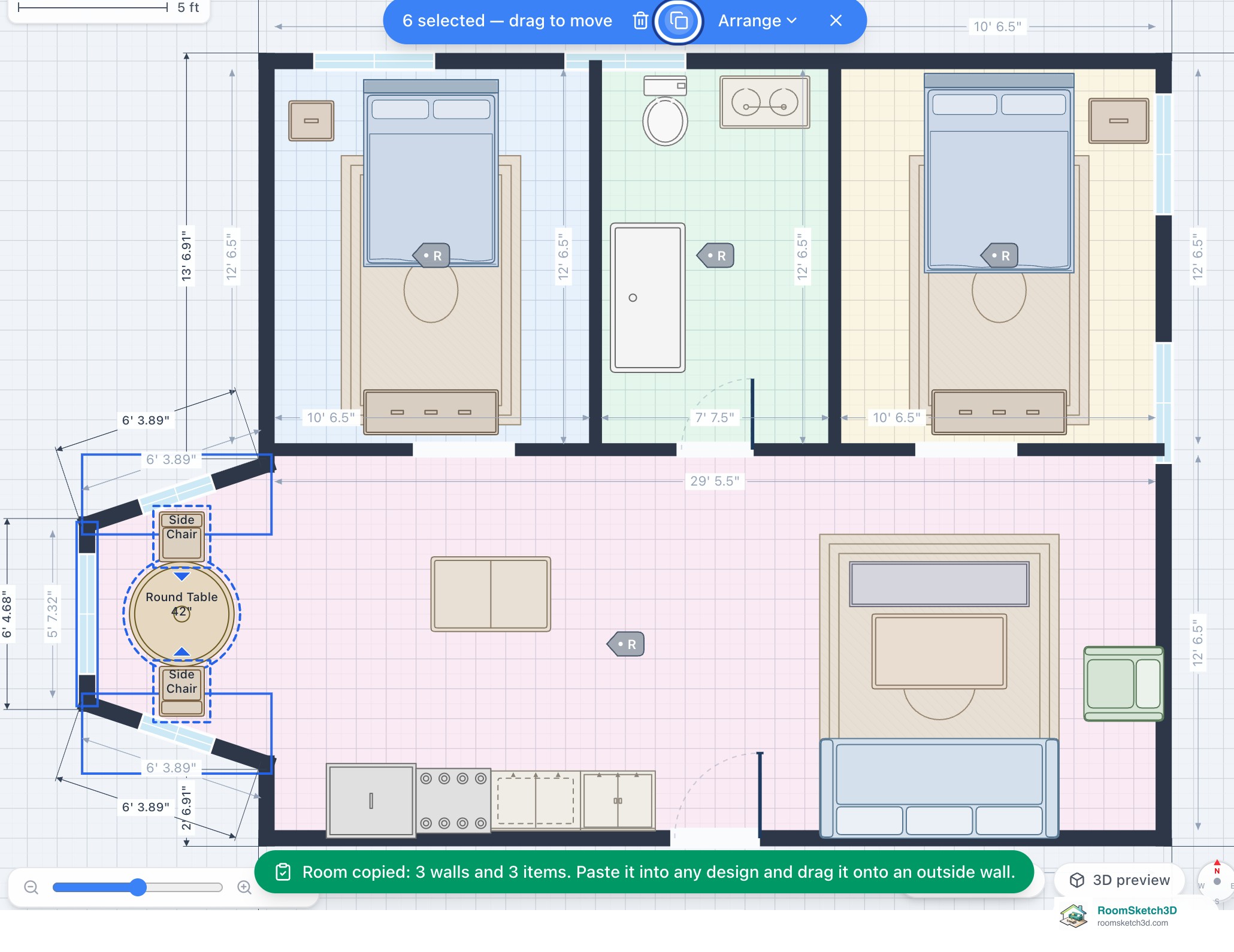 The Copy button on the blue multi-select bar highlighted, and the green note Room copied: 3 walls and 3 items. Paste it into any design and drag it onto an outside wall — RoomSketch3D 3D floorplan software