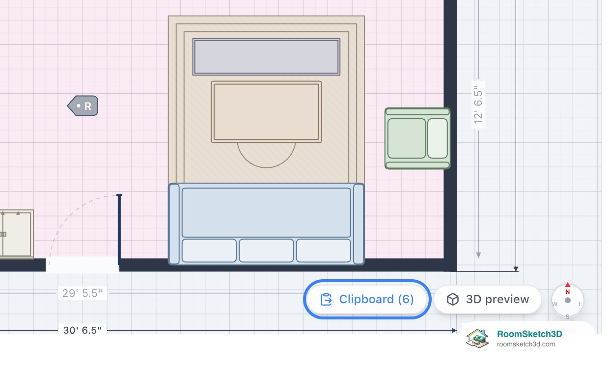 The Clipboard (6) pill at the bottom-right of the RoomSketch3D plan, next to the 3D preview pill and the compass