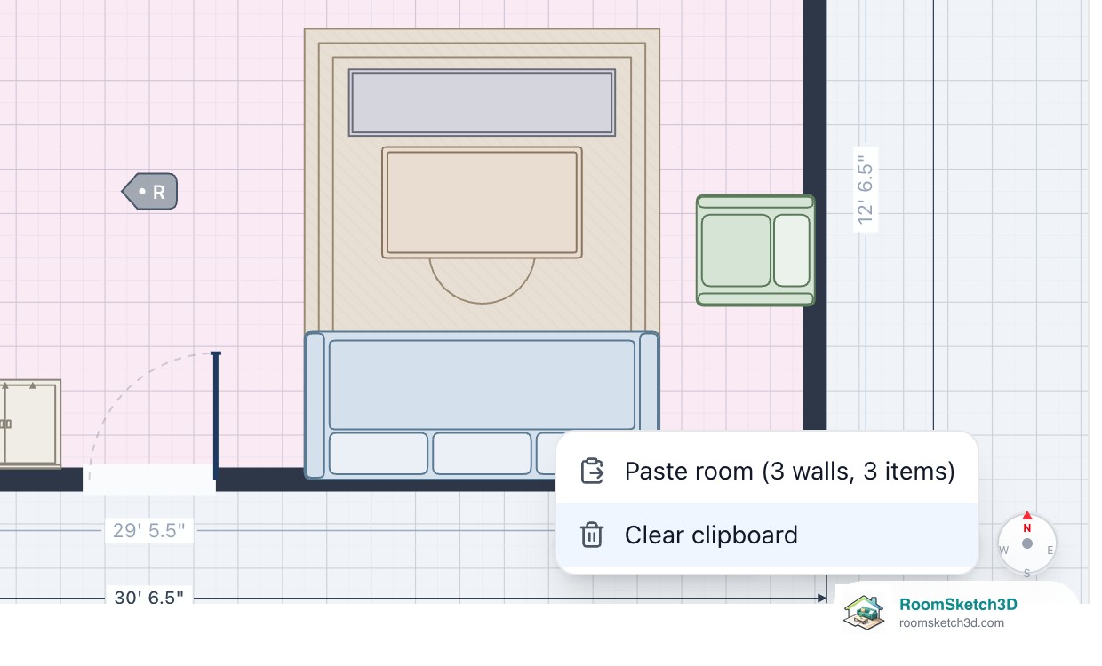 The Clipboard pill's menu open with Paste room (3 walls, 3 items) and Clear clipboard — RoomSketch3D 3D floorplan software