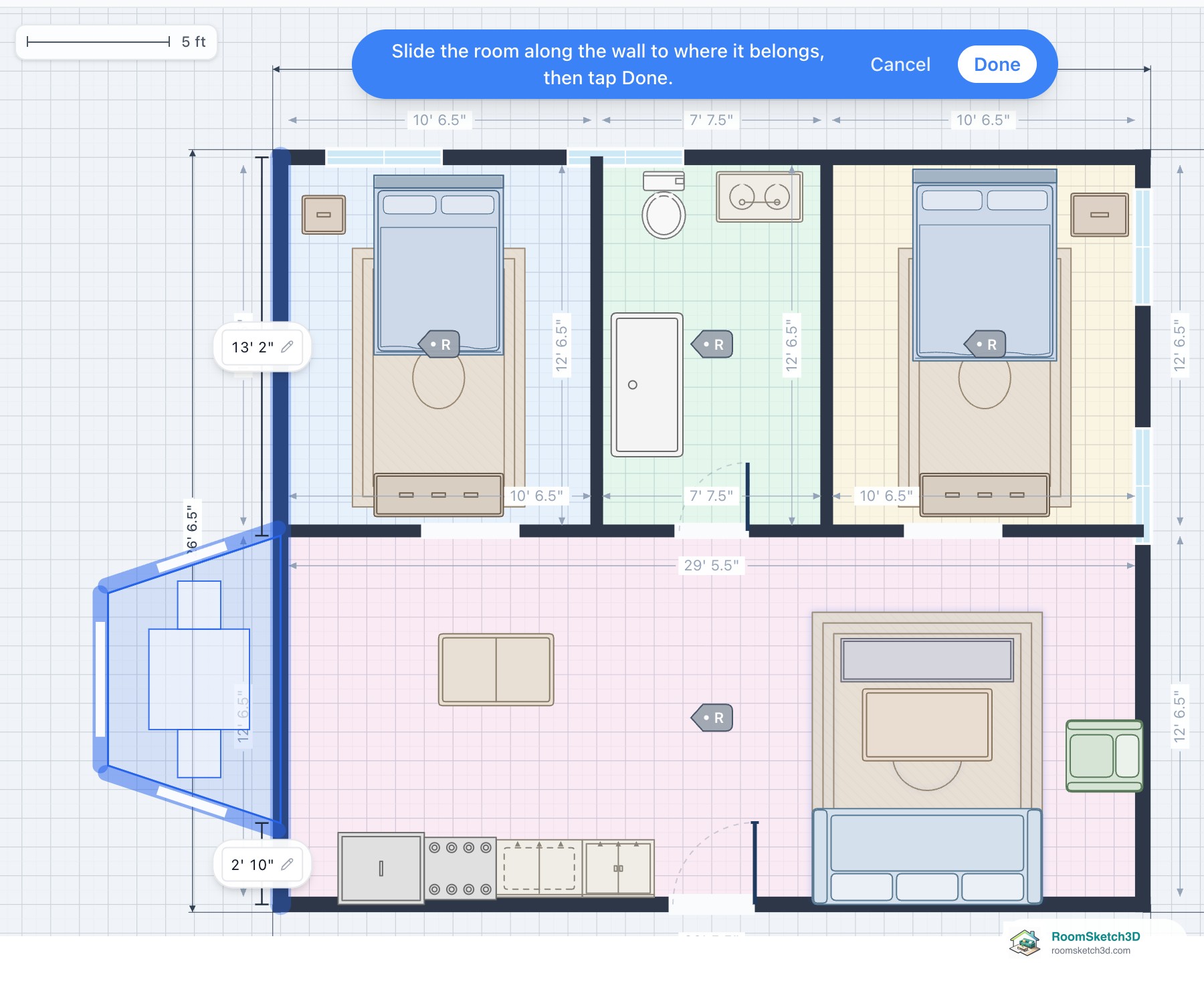 The bay attached to the left outside wall in blue, with the distances 13 ft 2 in and 2 ft 10 in from the wall's ends, and the banner Slide the room along the wall to where it belongs, then tap Done — RoomSketch3D 3D floorplan software