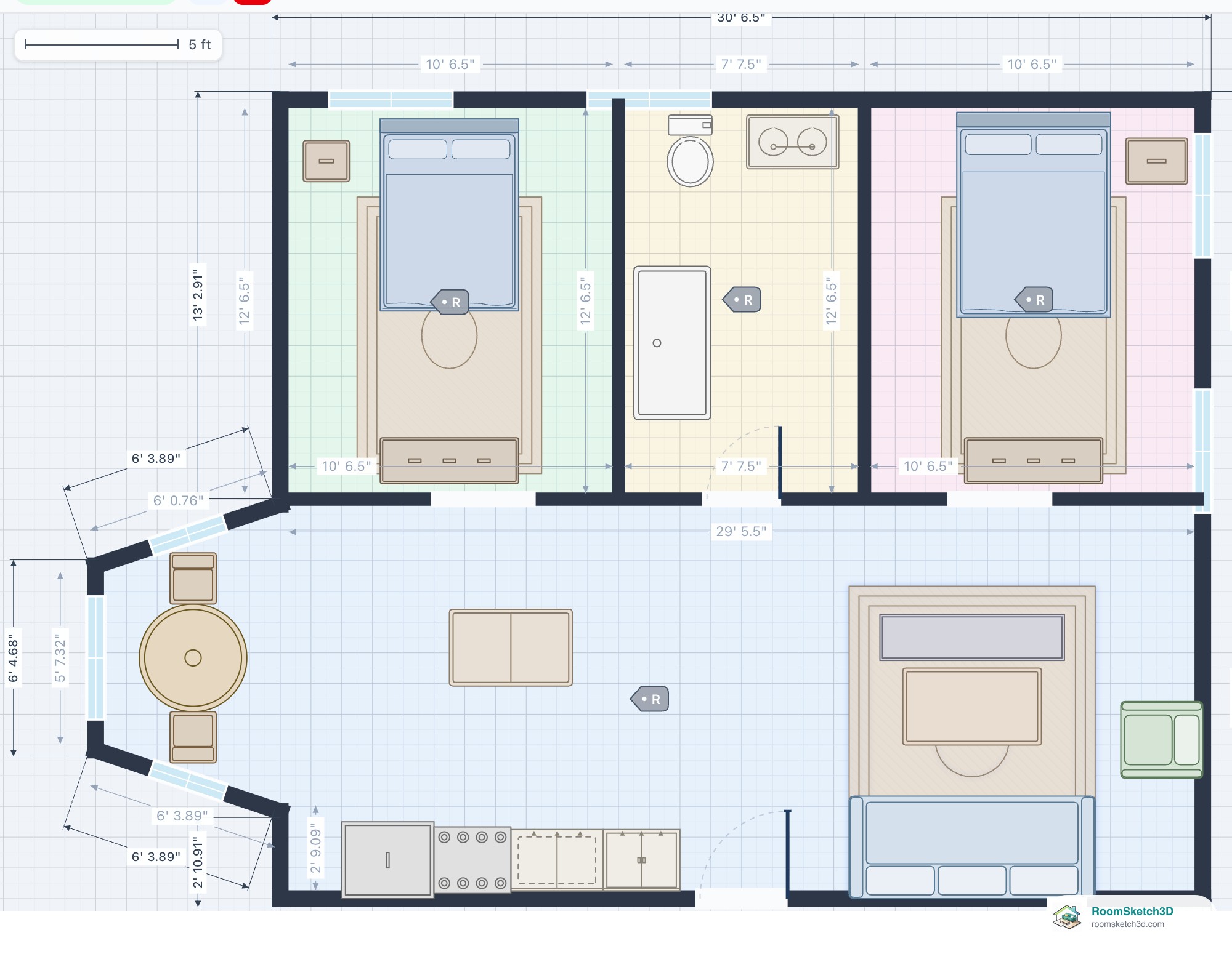 The current two-bedroom plan after Done, with the dining bay now part of its outline on the left wall, its windows, round table and two chairs in place — RoomSketch3D floor planner