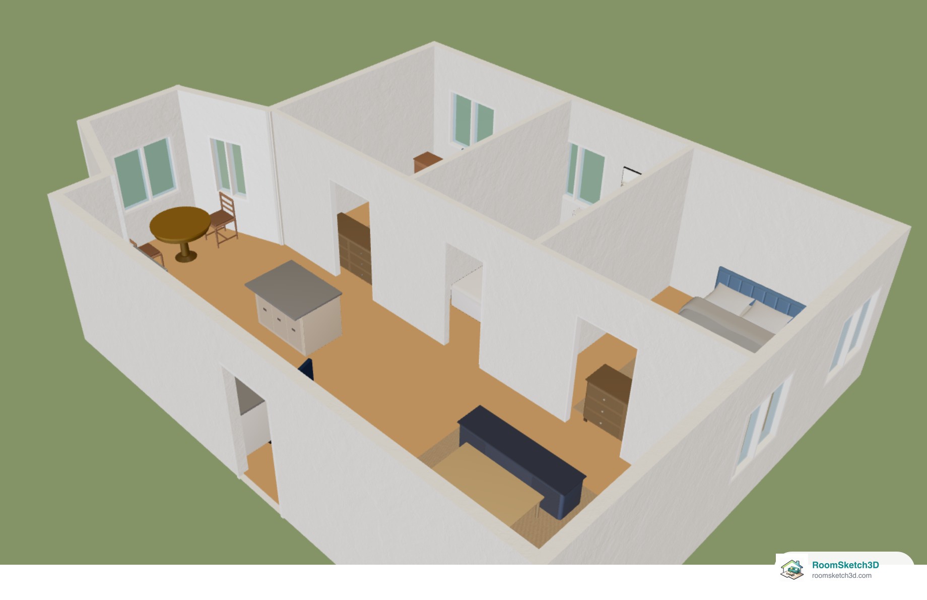 3D view of the apartment with the attached dining bay, its windows, round table and chair — RoomSketch3D floor plan creator