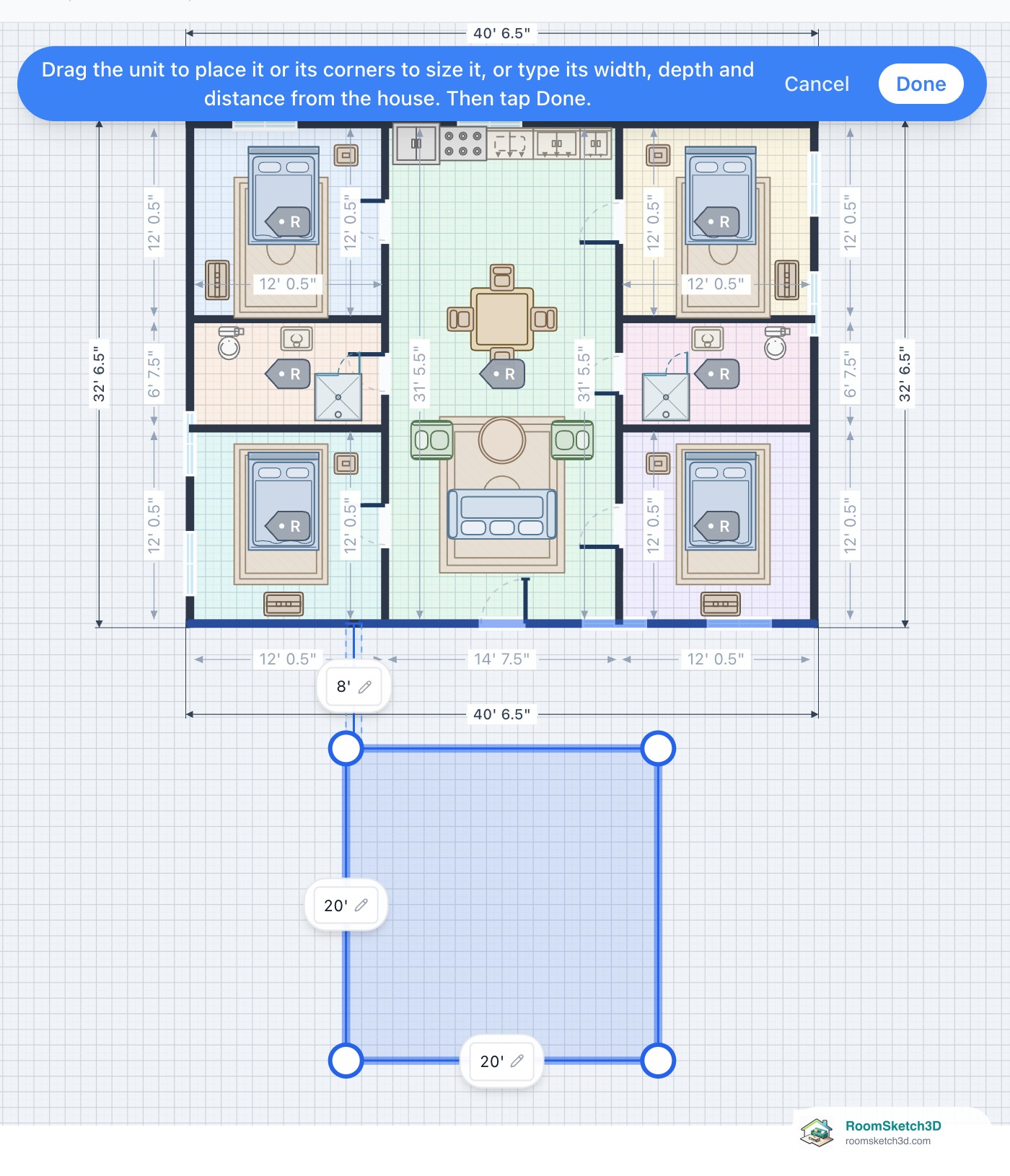 A blue 20 by 20 foot detached unit floating 8 feet below the house's bottom wall on a RoomSketch3D plan, with corner handles, the values 8', 20' and 20', and Cancel and Done in the blue note