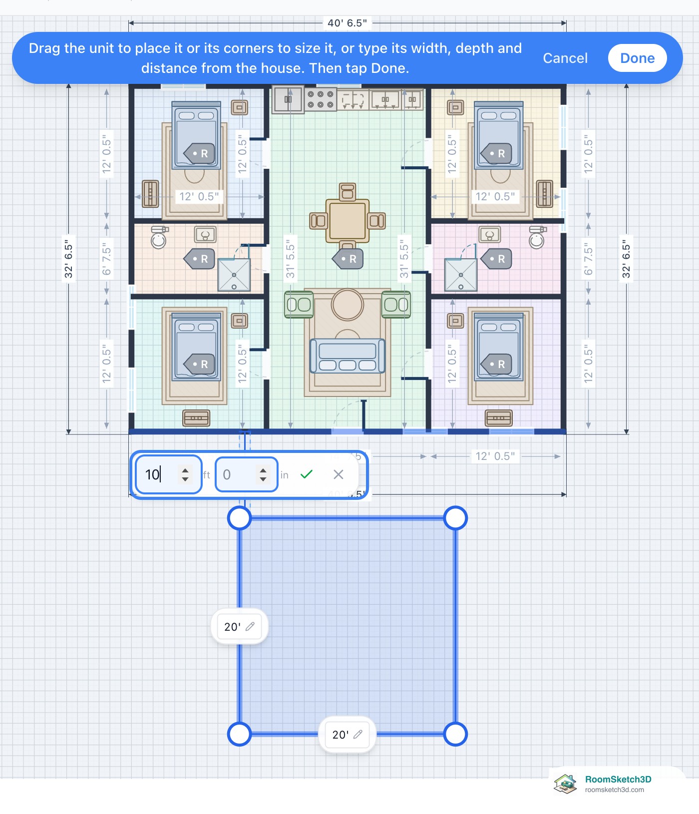 Typing 10 feet into the distance-from-the-house boxes of a detached unit in RoomSketch3D, with the feet and inches boxes and the check mark