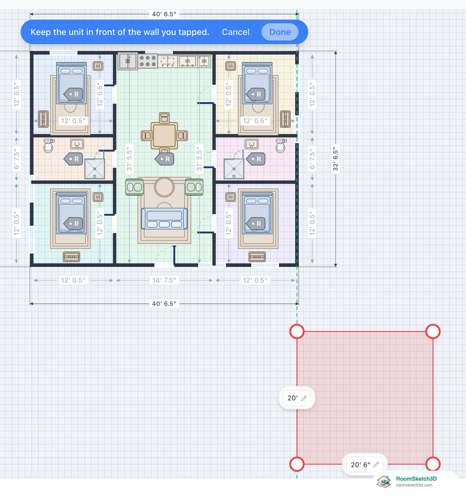 A red detached unit slid past the end of the house wall in RoomSketch3D, with the note Keep the unit in front of the wall you tapped and a greyed-out Done