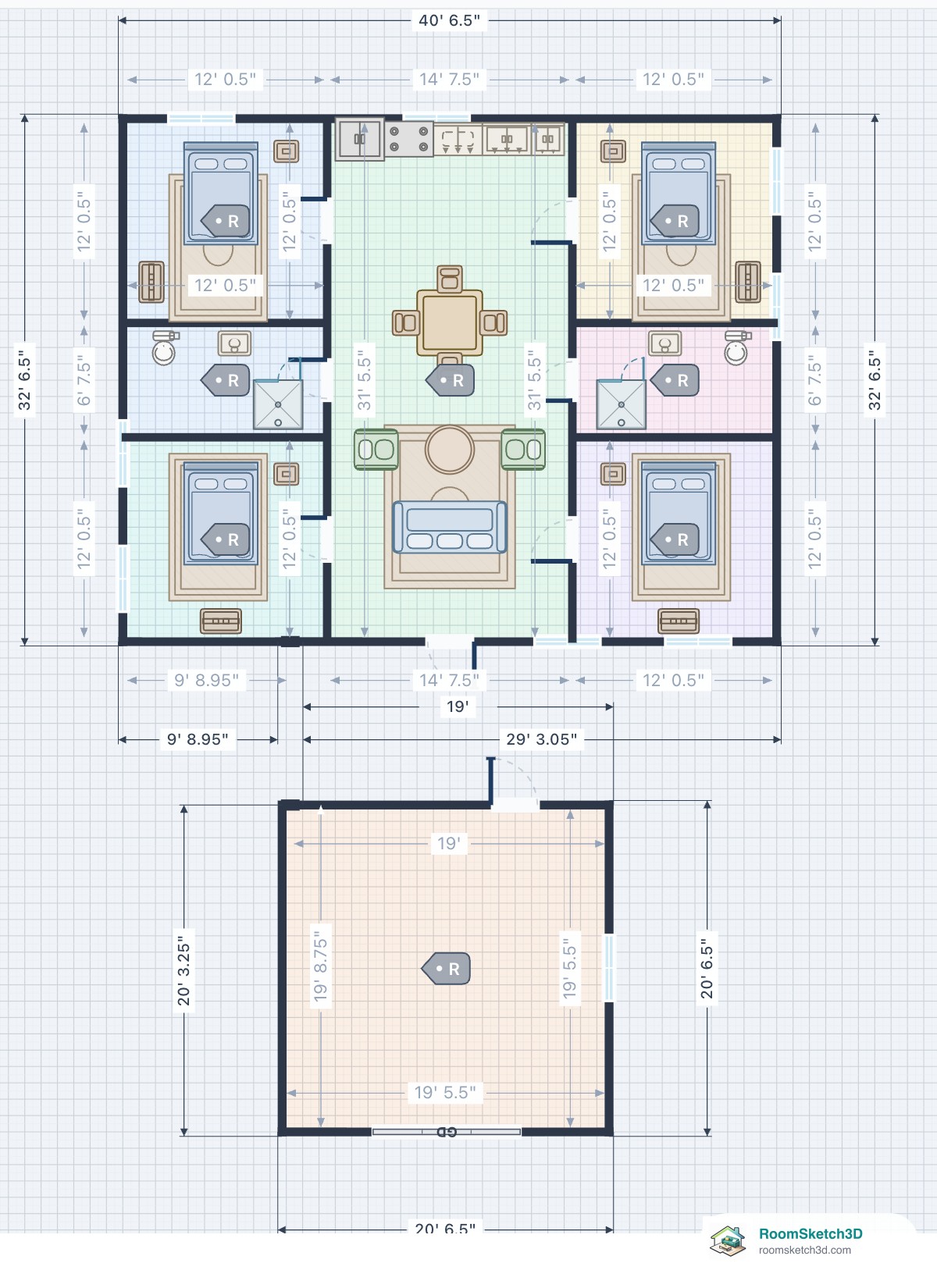 A finished detached unit below the house on a RoomSketch3D plan, with a door on the wall facing the house, a window on its right wall and a garage door on its far wall