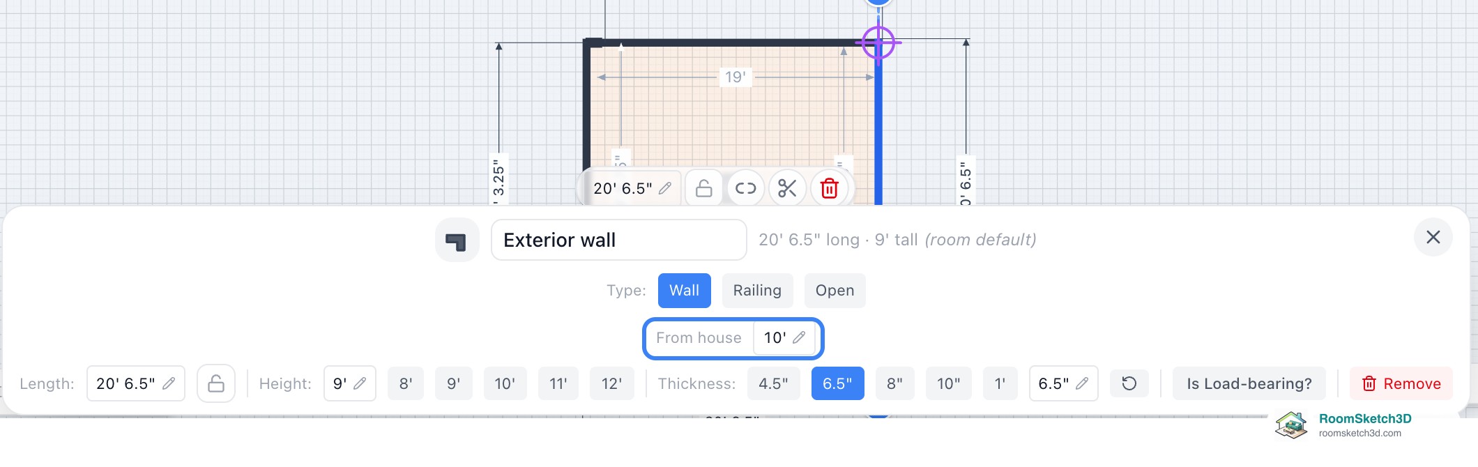 The Exterior wall panel for a wall of a detached unit in RoomSketch3D, with From house 10' highlighted between Type and Length