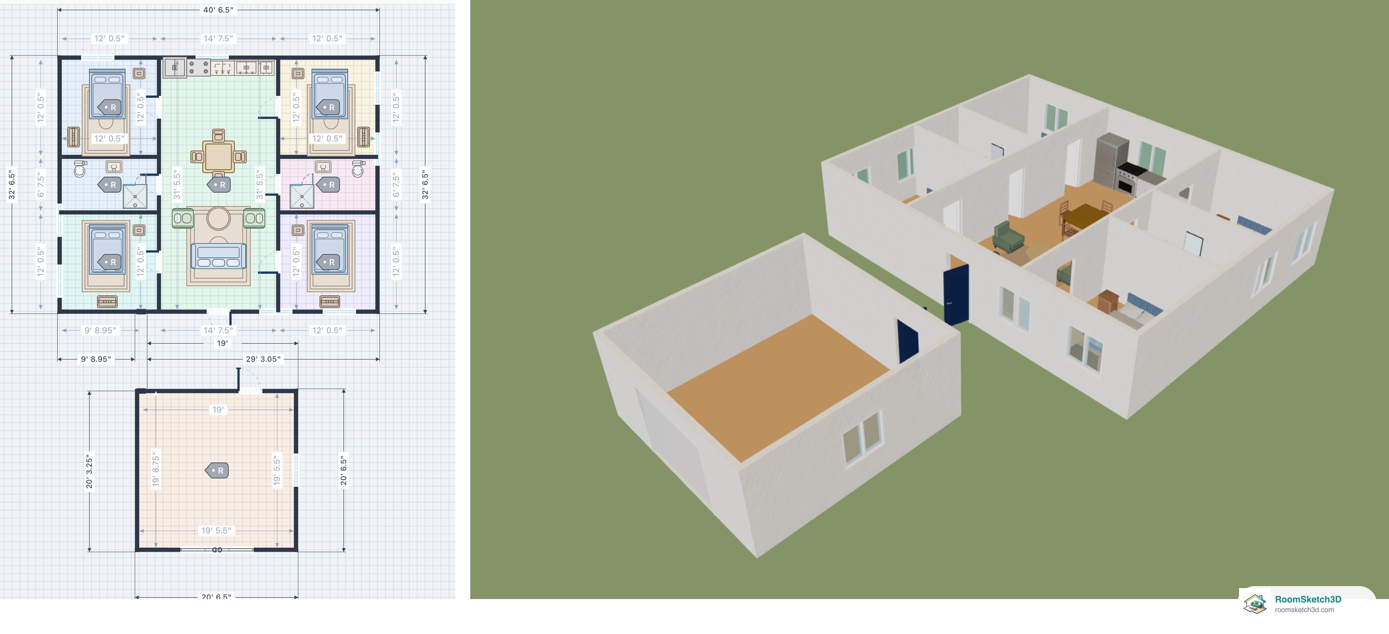 Side by side: the RoomSketch3D plan of a four-bedroom house with a detached garage below it, and the same design in 3D with the garage standing apart on open ground