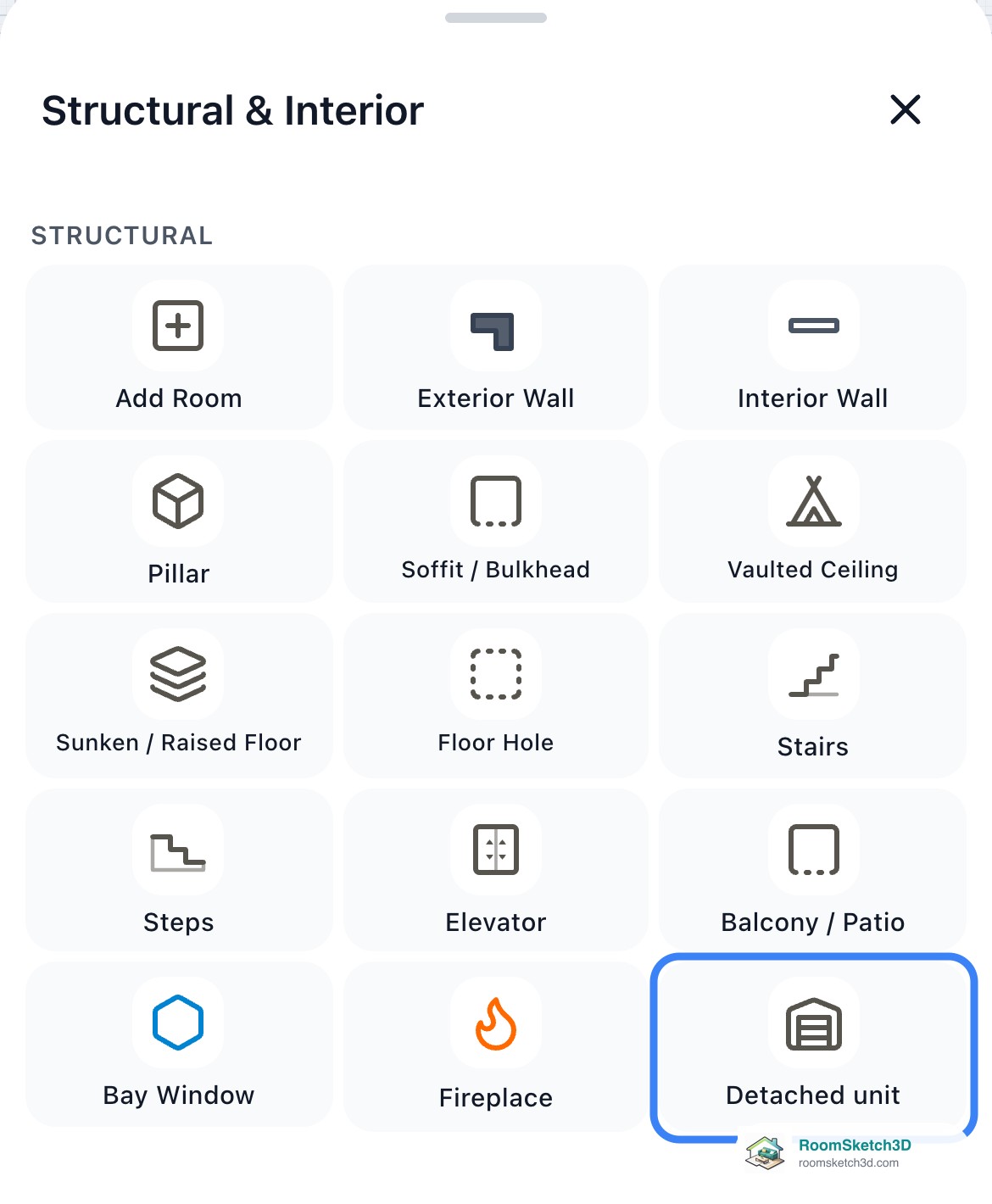 The Structural & Interior sheet on a phone in RoomSketch3D with the Detached unit tile highlighted at the end of the Structural tiles