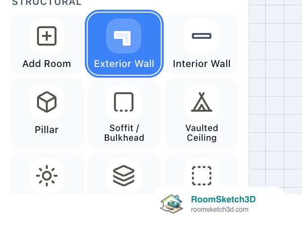 The Structural tiles in the RoomSketch3D Build panel with Exterior Wall highlighted, between Add Room and Interior Wall