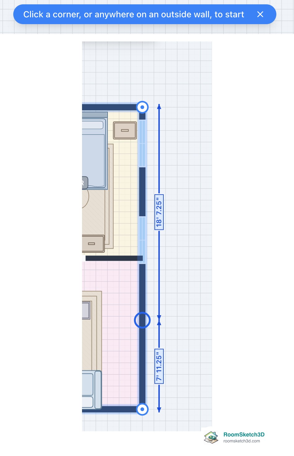 The Exterior Wall tool's start note and an outside wall with a blue dot and the distance from each end of the wall, 18 ft 7.25 in and 7 ft 11.25 in — RoomSketch3D floor plan creator