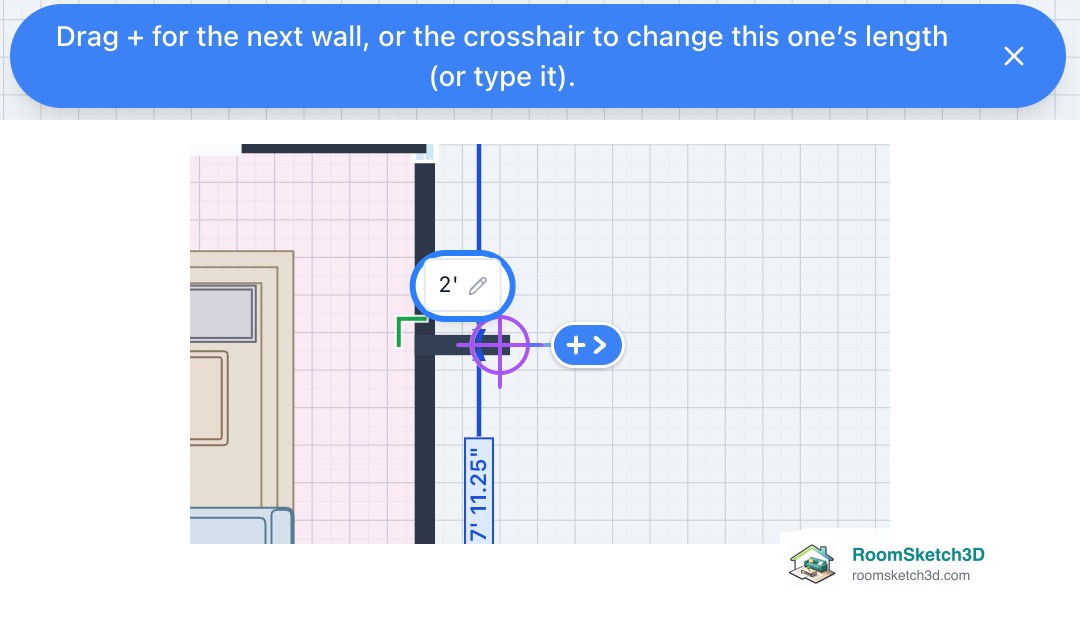 A 2 ft exterior wall just dropped from the right wall of a plan, with its crosshair, blue + handle, length pill and green right-angle mark, under the note Drag + for the next wall — RoomSketch3D floor plan creator