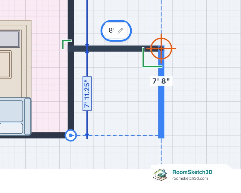 Pulling the + down from the end of an 8 ft exterior wall: the new wall is blue with the live length 7 ft 8 in, a green right-angle mark and a dashed guide line level with the plan's bottom wall — RoomSketch3D floor plan creator