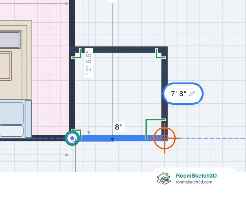 The last new wall being pulled back onto the plan's bottom-right corner, shown in blue with the length 8 ft and a green ring on the corner — RoomSketch3D room planner app