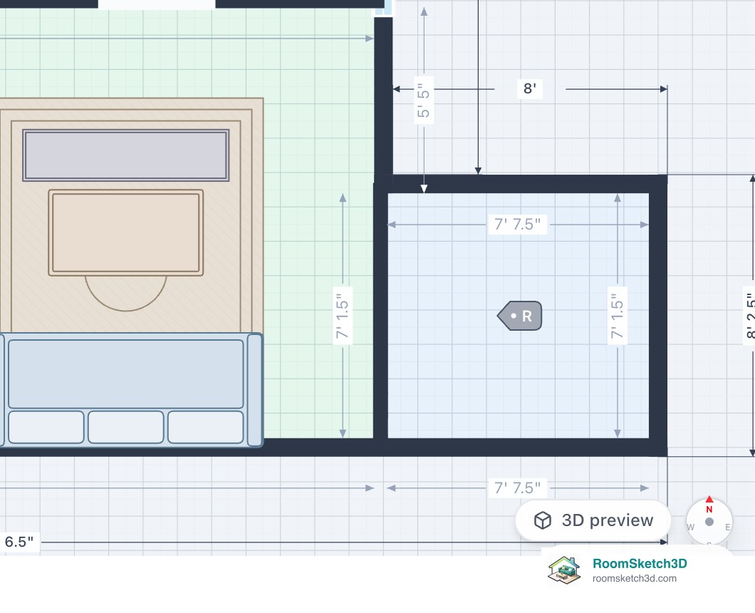 The finished extension on a RoomSketch3D plan: a new 7 ft 7.5 in by 7 ft 1.5 in room beside the living room, with its own label and measurements, and the old outside wall now an interior wall