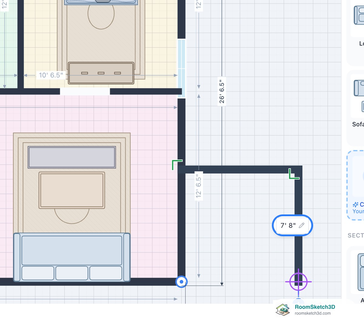 After Undo, the finished extension is back in the drawing tool with its first two walls kept and the last wall removed, ready to be redrawn — RoomSketch3D home design app