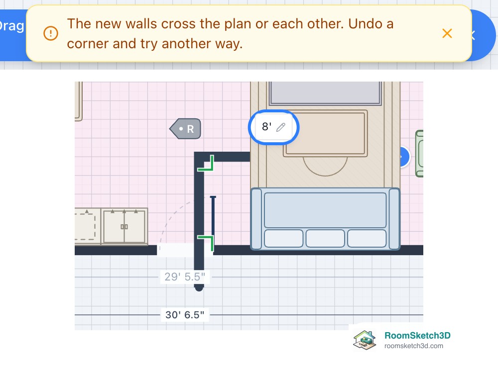 An amber note over the drawing tip reading The new walls cross the plan or each other. Undo a corner and try another way, above new walls drawn across the plan's bottom wall — RoomSketch3D home design app
