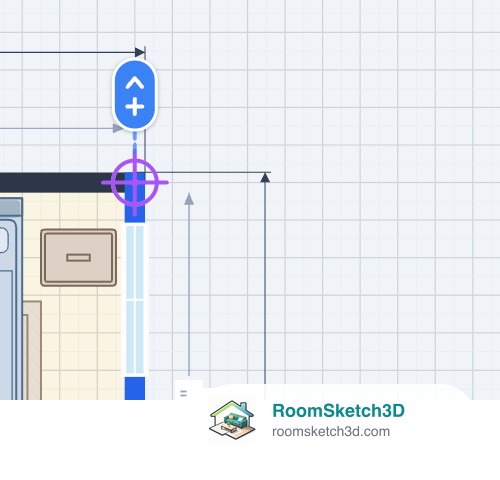 The top end of a selected outside wall in RoomSketch3D with its purple crosshair and the blue + handle just beyond the corner
