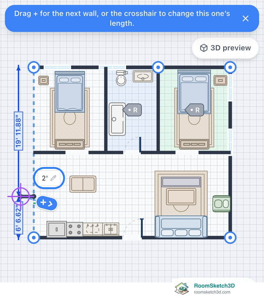 Phone: the Exterior Wall tool just started on the left wall of a plan, with the note Drag + for the next wall, the 2 ft length pill, the + handle and the distances 19 ft 11.88 in and 6 ft 6.62 in from each end — RoomSketch3D floor planner