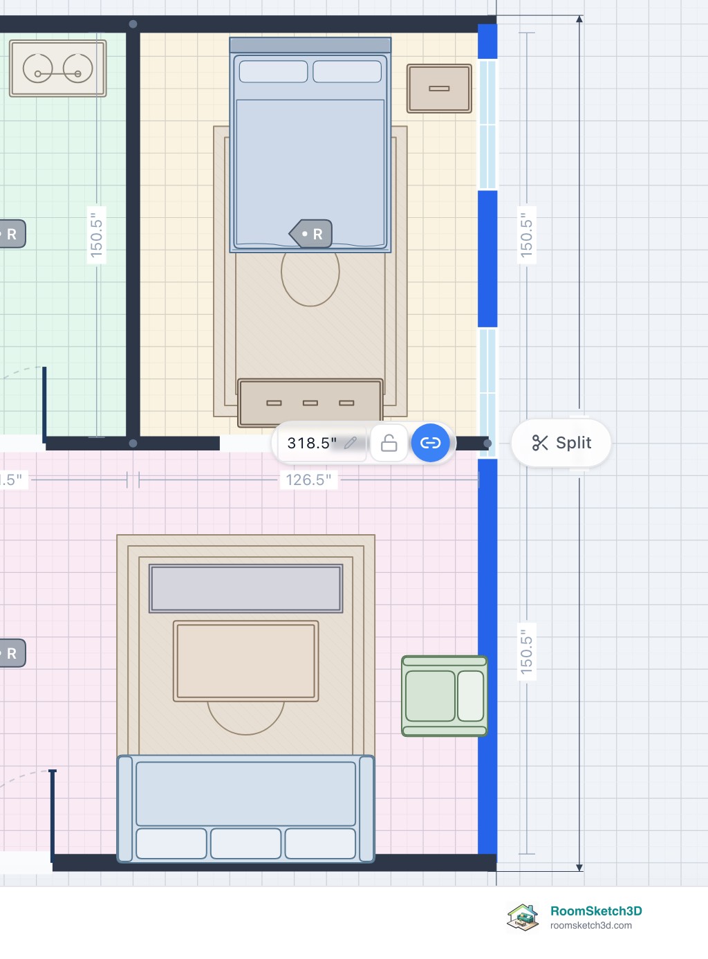 A selected outer wall on a RoomSketch3D floor plan, highlighted blue, with its length, padlock and link buttons beside it and a Split button just outside