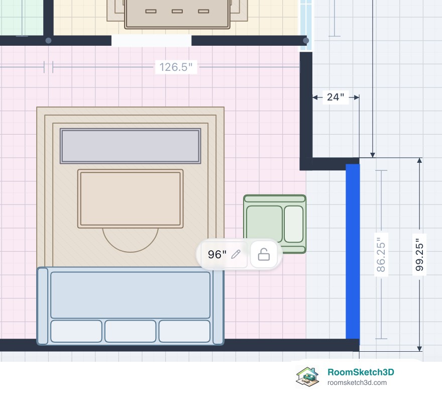 Dragging part of an outer wall outward on a RoomSketch3D plan, with the joined walls stretching and a live 24-inch measurement