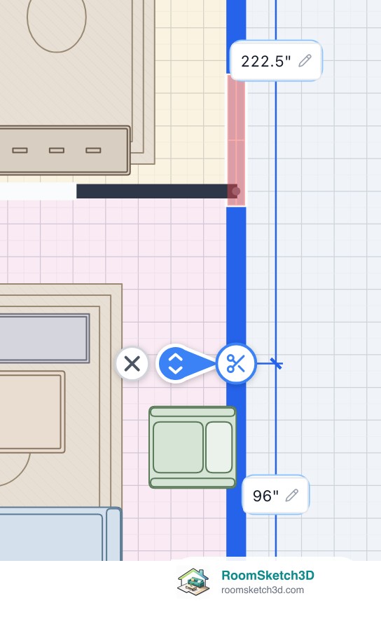 The split pin on an outer wall in RoomSketch3D, with the scissors on the wall, the cancel button, and the distance from each end of the wall