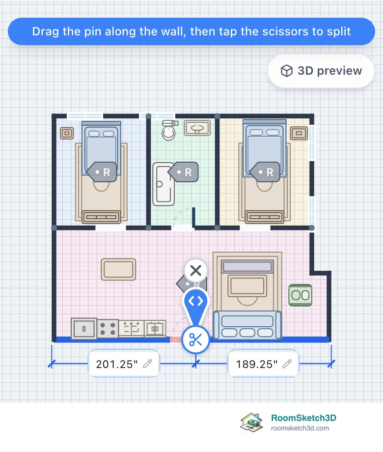 Splitting a wall on a phone in RoomSketch3D: the blue instruction note, the pin and scissors on the bottom wall, and the distances from each end