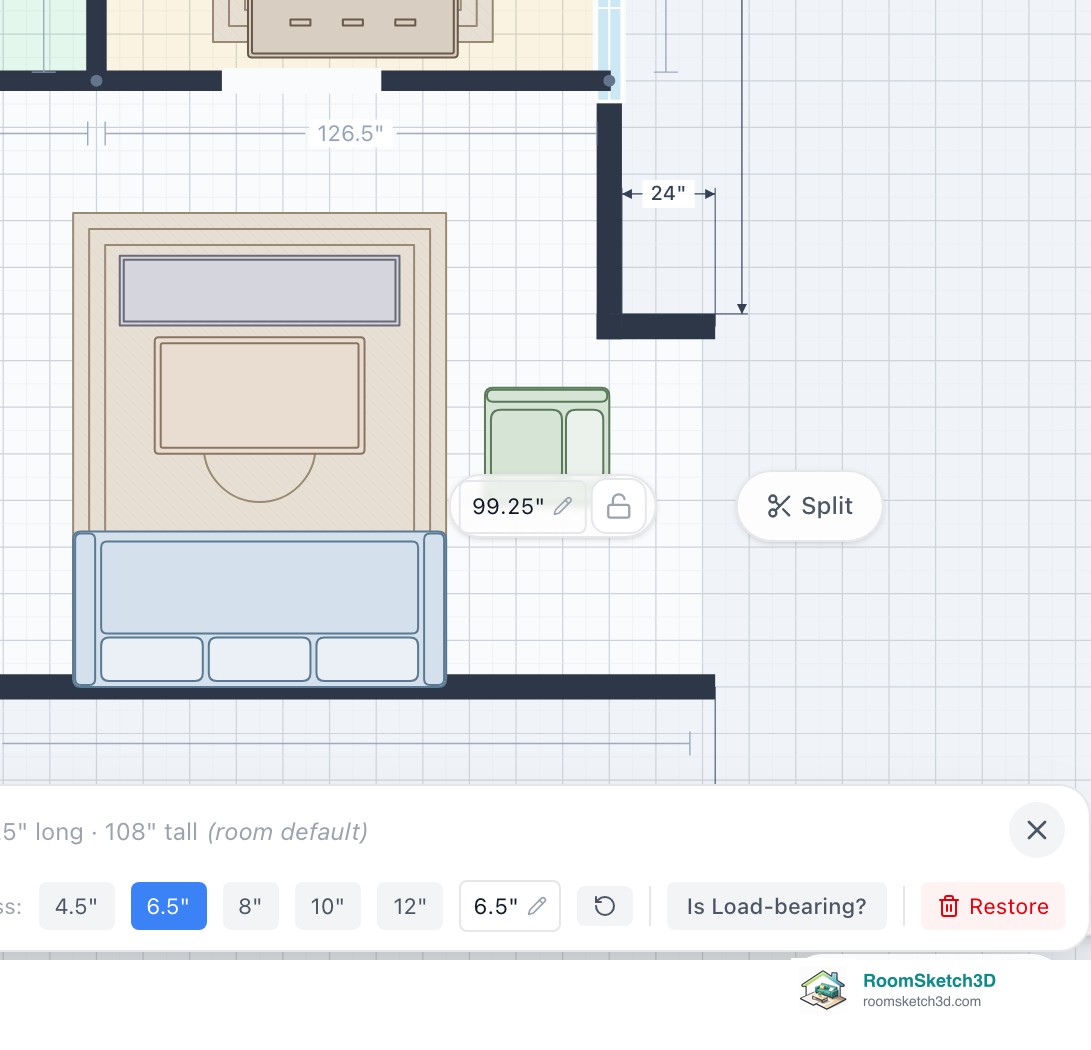 A removed outer wall left open on a RoomSketch3D plan, with Restore in its settings panel