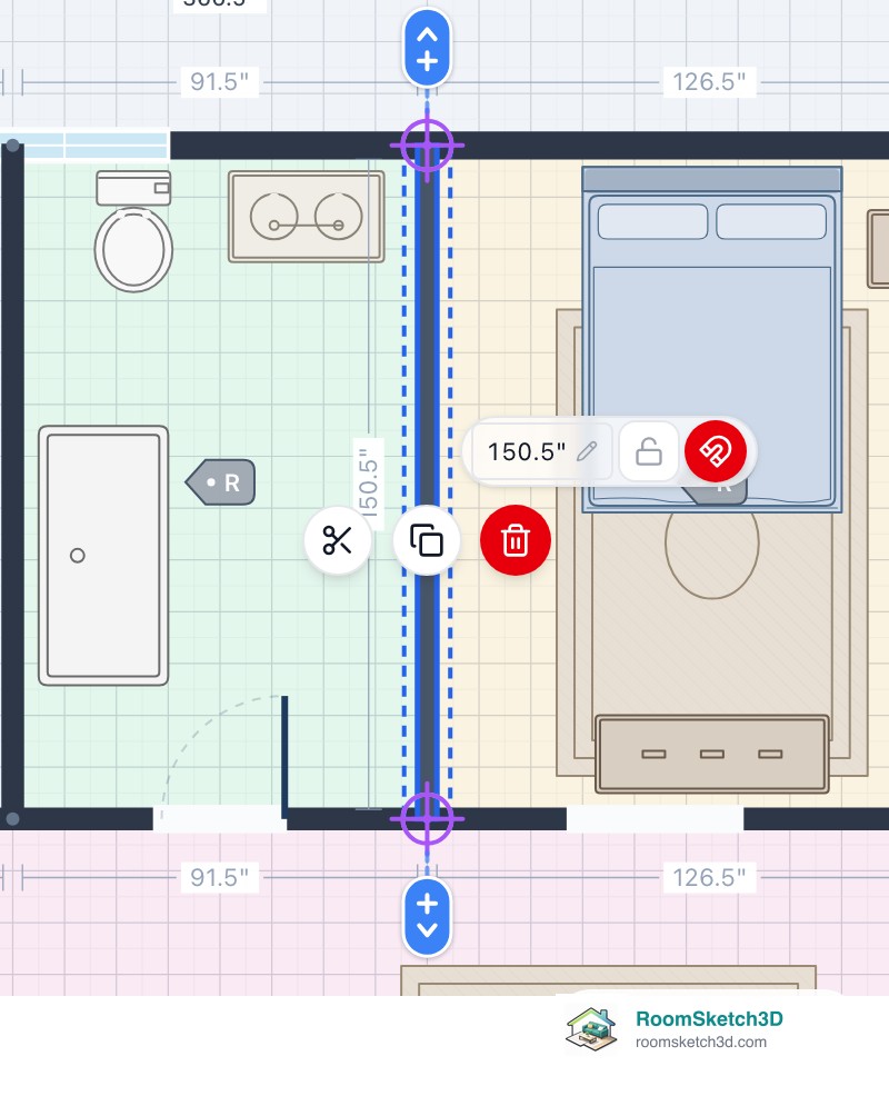 A selected interior wall in RoomSketch3D with its scissors, copy and delete buttons, its length, padlock and magnet, and crosshairs at both ends