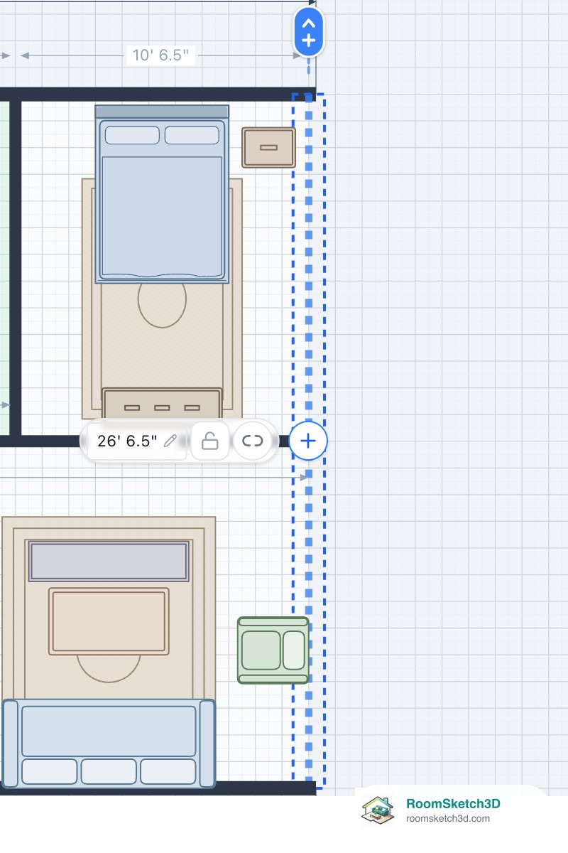 A deleted outside wall shown as a dashed blue gap on a RoomSketch3D plan, with a + in its middle and the length, padlock and link buttons beside it