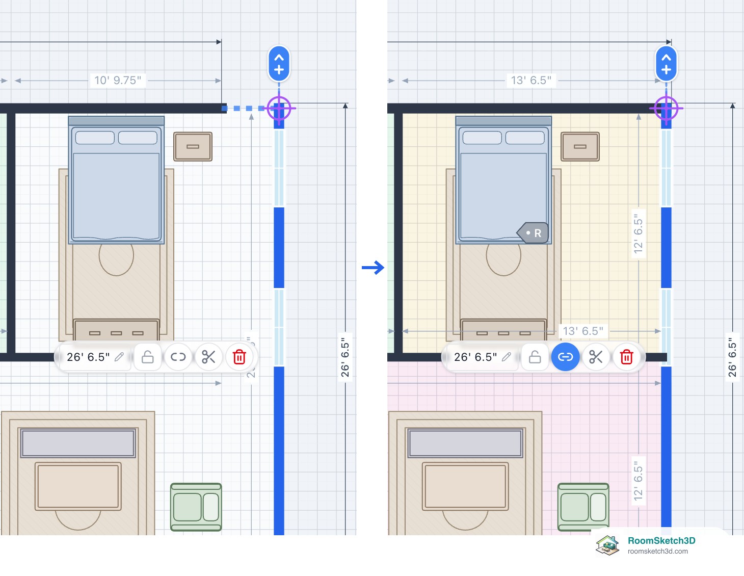Left: an outside wall dragged outwards with the link off, leaving dashed gaps at both ends, overall 30 ft 3.25 in. Right: the same drag with the link on, the walls beside it stretched to stay joined, overall 33 ft 6.5 in — RoomSketch3D 3D floorplan software