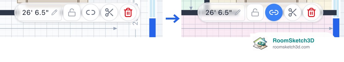 Two wall bars side by side: the link button grey and broken (Wall moves on its own) and blue and solid (Joined walls move too) — RoomSketch3D floor plan creator