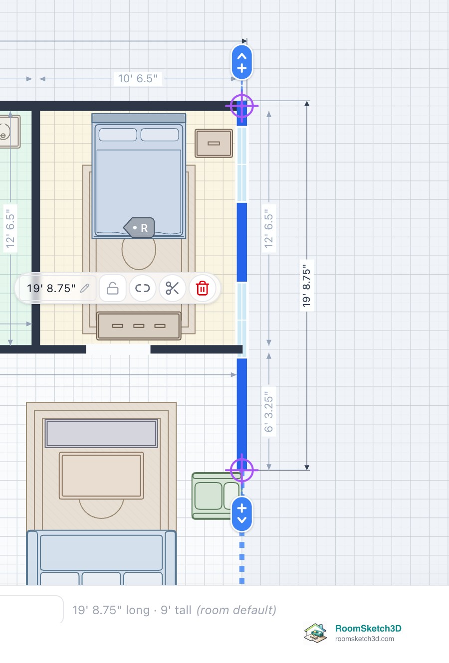 An outside wall shortened to 19 ft 8.75 in by typing, with a dashed gap between its moved end and the plan's corner — RoomSketch3D home design app