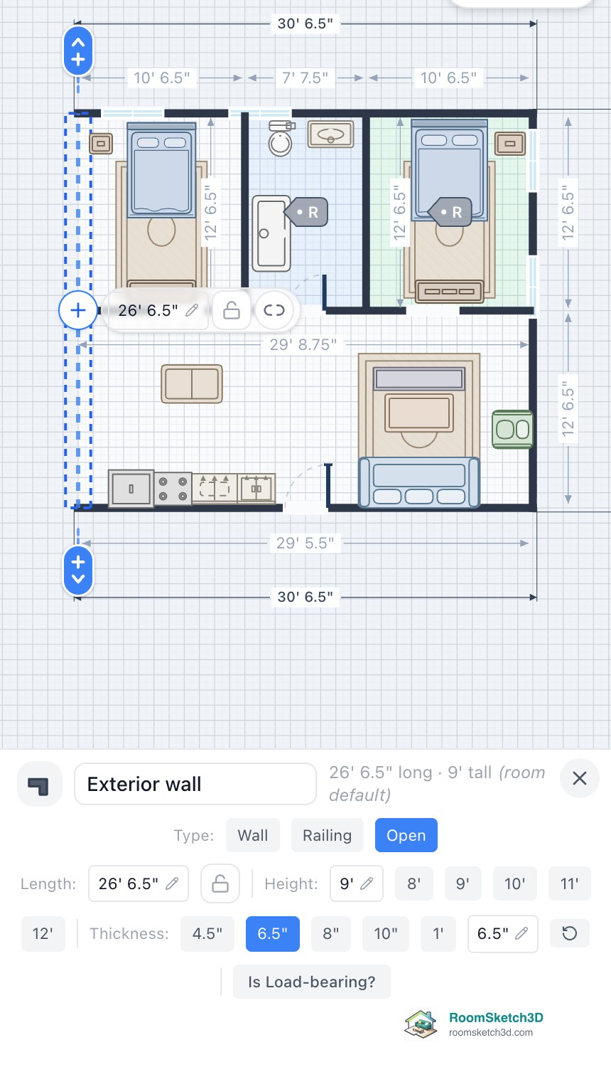 Phone: the left wall of a plan deleted and shown as a dashed gap with a + in its middle, and the Exterior wall panel below with Type set to Open — RoomSketch3D room planner app