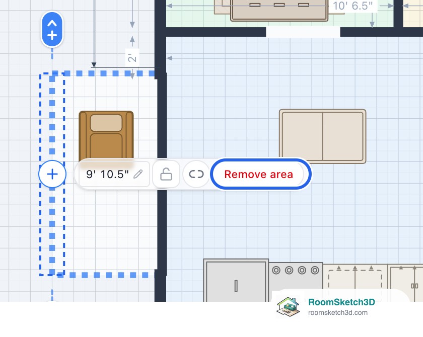 A selected dashed gap in a RoomSketch3D outline, one of three gaps around a small space beside the living room, with its bar showing 9 ft 10.5 in, a padlock, a link button and a red Remove area button highlighted