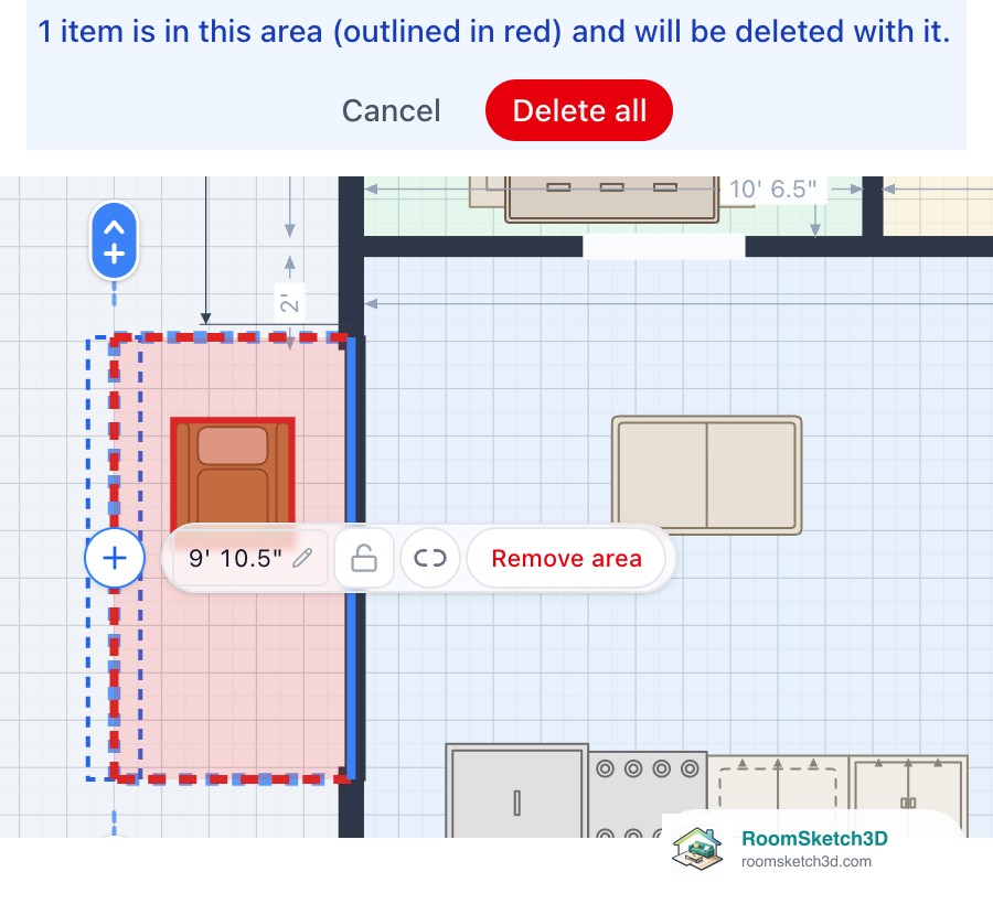 The Remove area preview: the bar 1 item is in this area (outlined in red) and will be deleted with it, with Cancel and Delete all; below, the space beside the living room shaded red, its gaps dashed red, an accent chair outlined in red and the old wall in blue — RoomSketch3D home design app