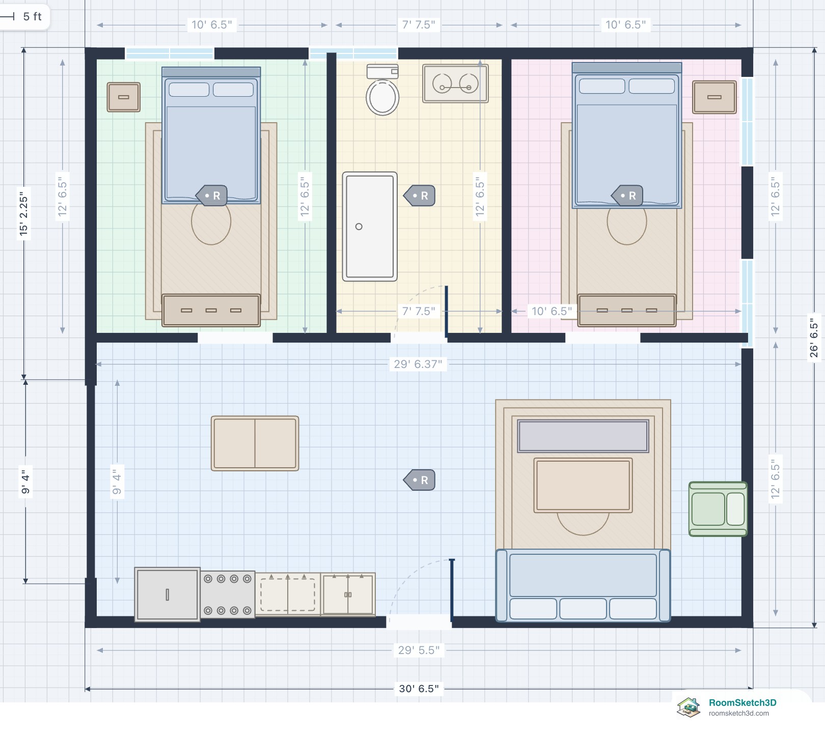 The Medium 2-Bedroom Apartment plan after Remove area: the space that had been added beside the living room is gone and the plan is back to its rectangle with all rooms kept — RoomSketch3D floor planner