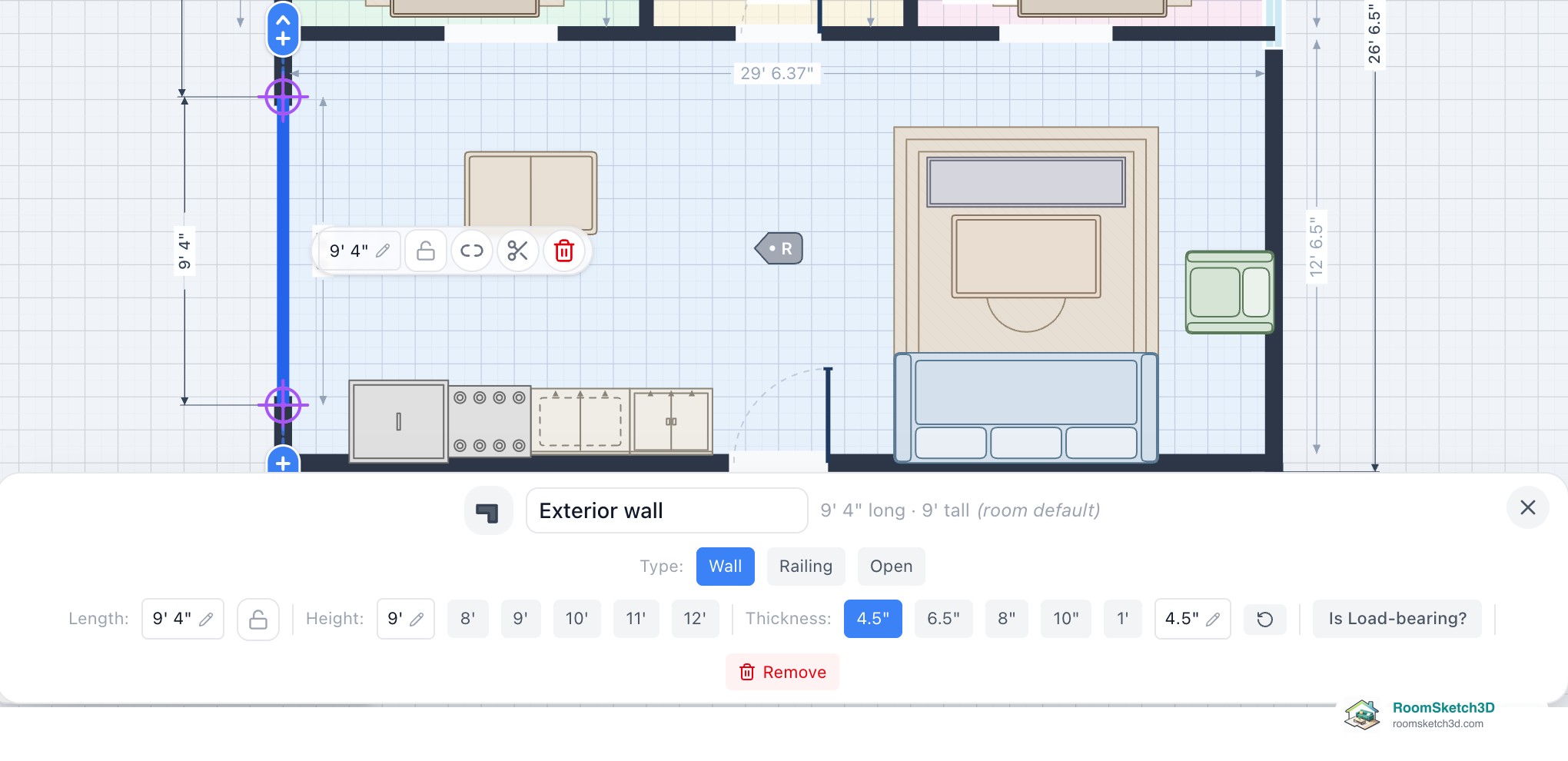 The promoted wall selected on the plan, with its panel titled Exterior wall, 9 ft 4 in long, Type Wall, and Thickness 4.5 in selected — RoomSketch3D room planner app