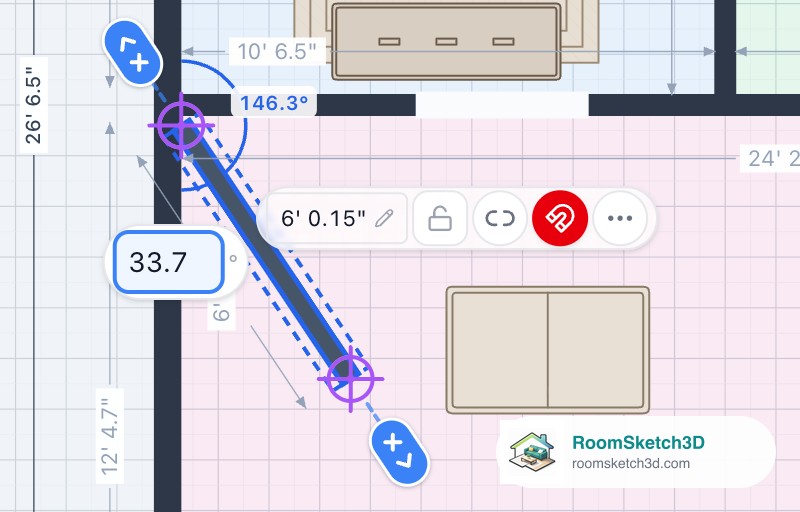 The 33.7 degree label of a slanted wall turned into a box ready for a new angle — RoomSketch3D home design app