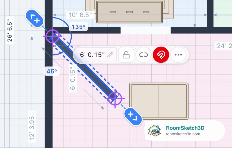 The same wall after typing 45: the arcs now read 45 and 135 degrees and the length box still shows 6 feet 0.15 inches — RoomSketch3D room planner app