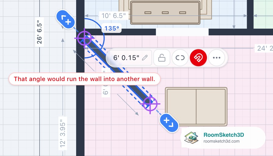The red note That angle would run the wall into another wall beside a slanted wall whose angle was refused — RoomSketch3D floor plan creator